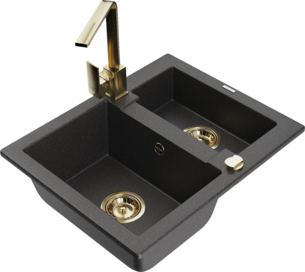 Granitinė virtuvinė plautuvė Mexen Carlos su maišytuvu ir sifonu, Juodas granite+Gold