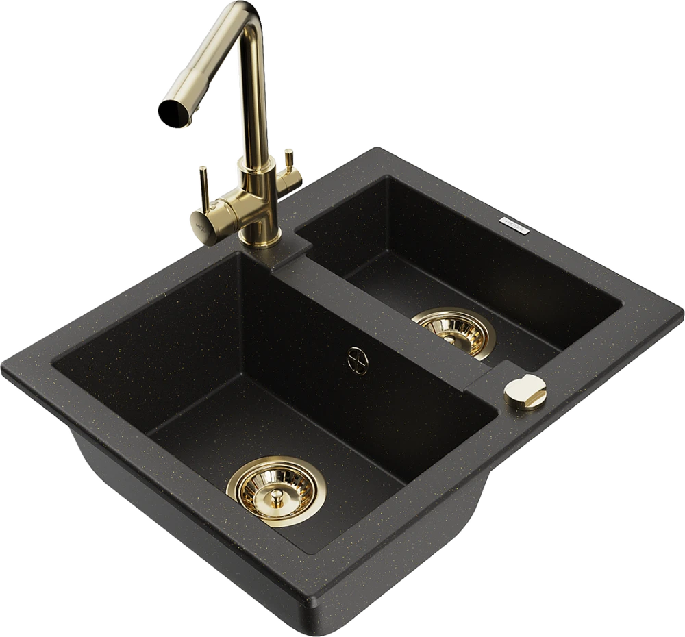 Granitinė virtuvinė plautuvė Mexen Carlos su maišytuvu ir sifonu, Metallic juodas/auksinis+Gold