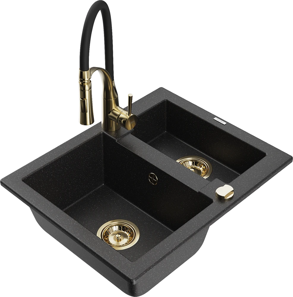Granitinė virtuvinė plautuvė Mexen Carlos su maišytuvu ir sifonu, Metallic juodas/sidabrinis+Juodas/Gold