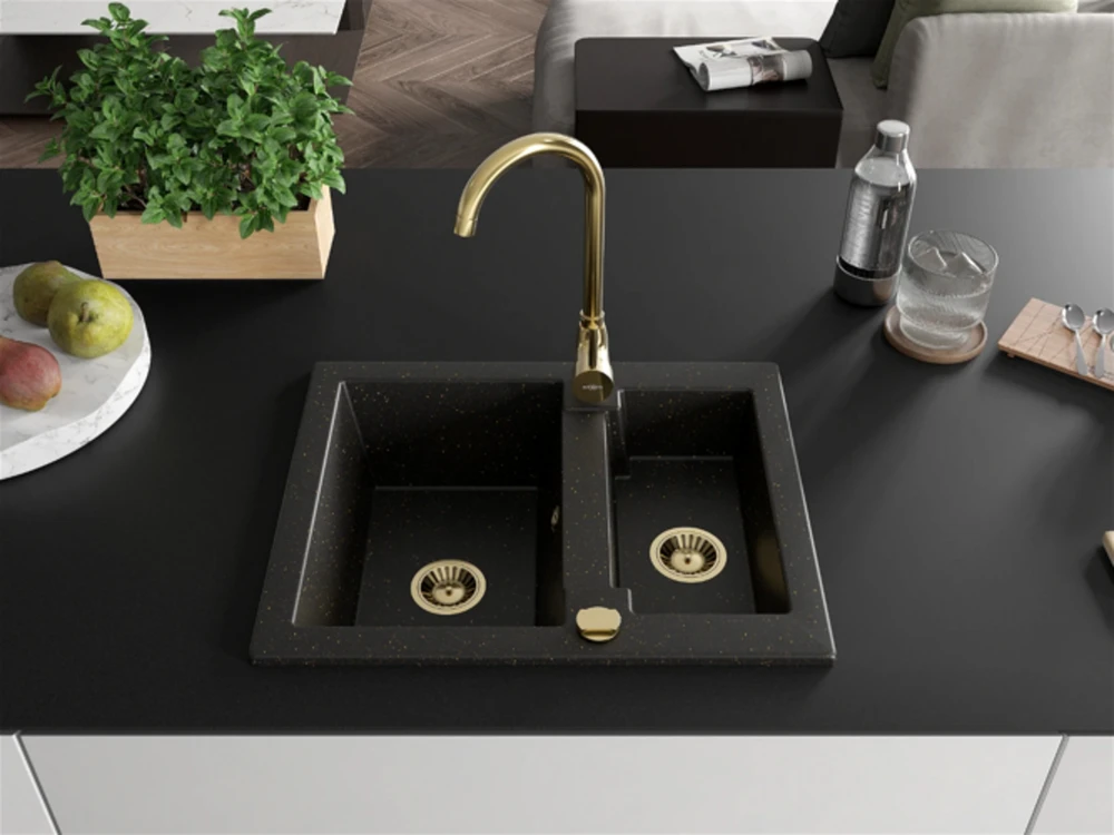 Granitinė virtuvinė plautuvė Mexen Carlos su maišytuvu ir sifonu, Metallic juodas/auksinis+Gold