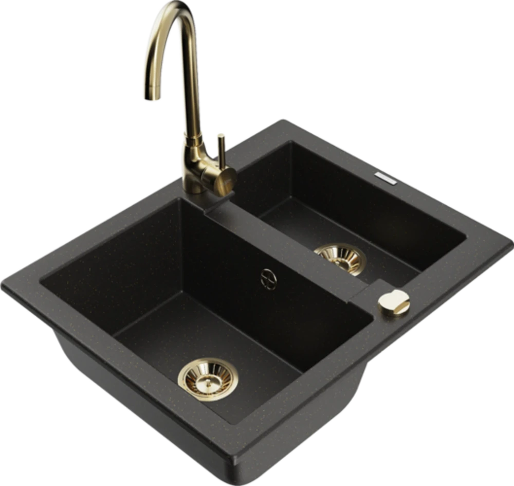 Granitinė virtuvinė plautuvė Mexen Carlos su maišytuvu ir sifonu, Metallic juodas/auksinis+Gold