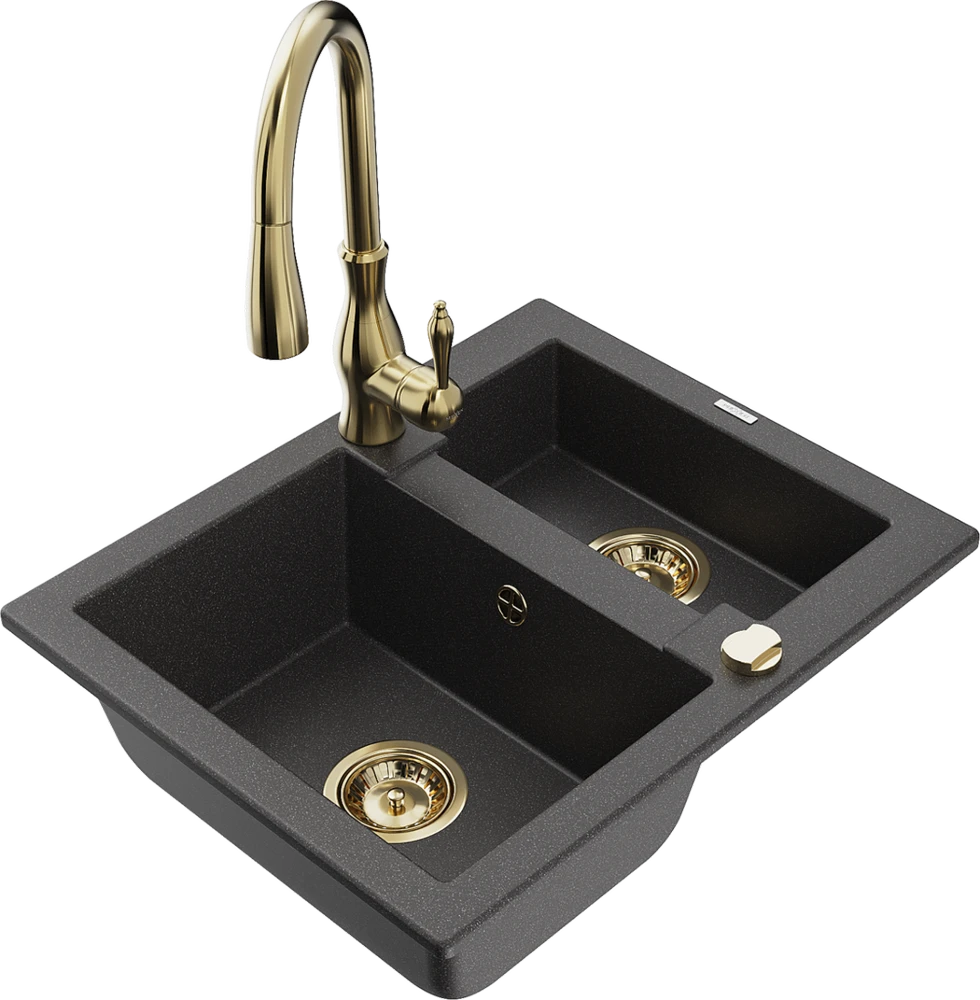 Granitinė virtuvinė plautuvė Mexen Carlos su maišytuvu ir sifonu, Juodas granite+Gold