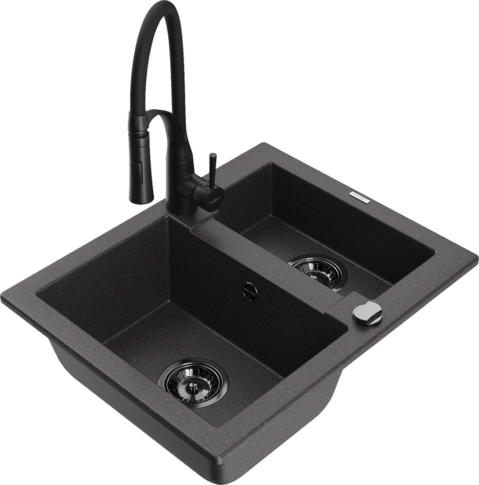 Granitinė virtuvinė plautuvė Mexen Carlos su maišytuvu ir sifonu, Juodas granite+Juodas