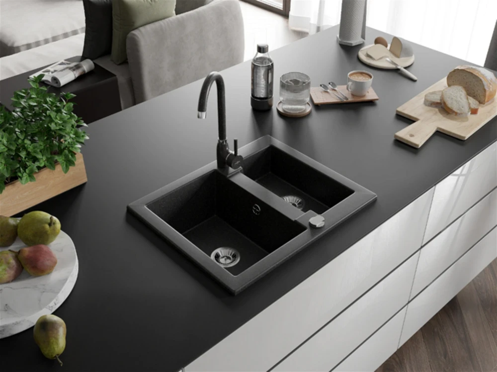 Granitinė virtuvinė plautuvė Mexen Carlos su maišytuvu ir sifonu, Juodas granite