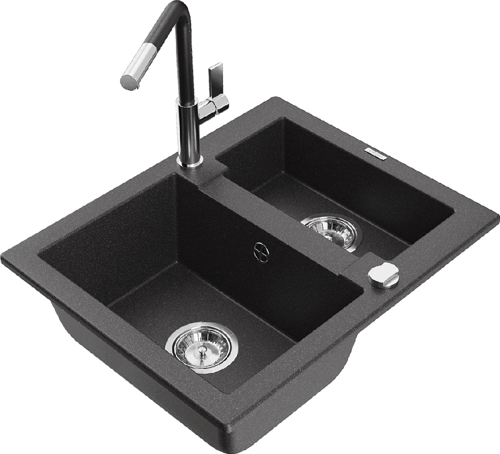 Granitinė virtuvinė plautuvė Mexen Carlos su maišytuvu ir sifonu, Juodas granite+Juodas/Chrome