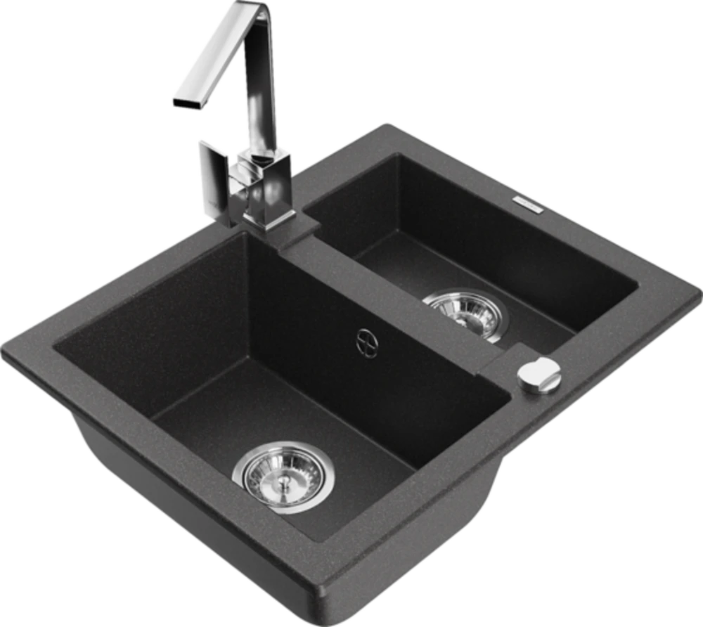 Granitinė virtuvinė plautuvė Mexen Carlos su maišytuvu ir sifonu, Juodas granite+Chrome