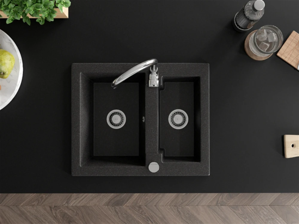 Granitinė virtuvinė plautuvė Mexen Carlos su maišytuvu ir sifonu, Juodas granite+Chrome