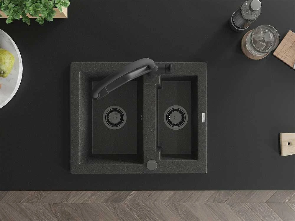 Granitinė virtuvinė plautuvė Mexen Carlos su maišytuvu ir sifonu, Juodas granite+Juodas