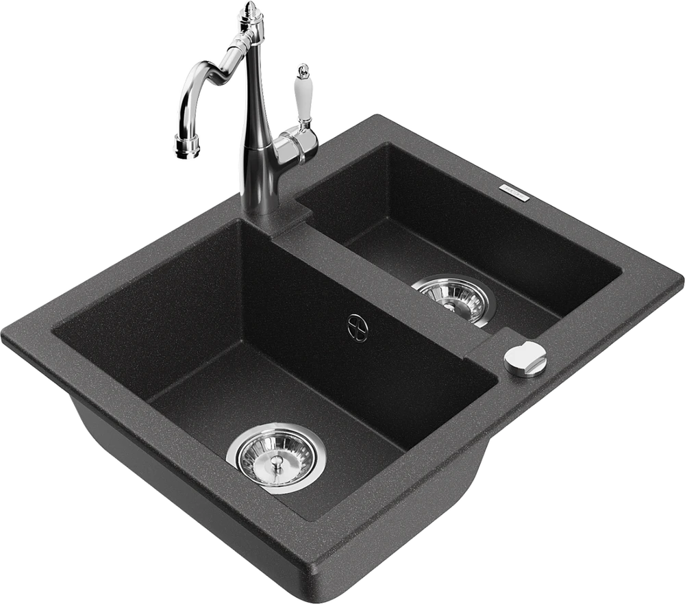 Granitinė virtuvinė plautuvė Mexen Carlos su maišytuvu ir sifonu, Juodas granite+Chrome