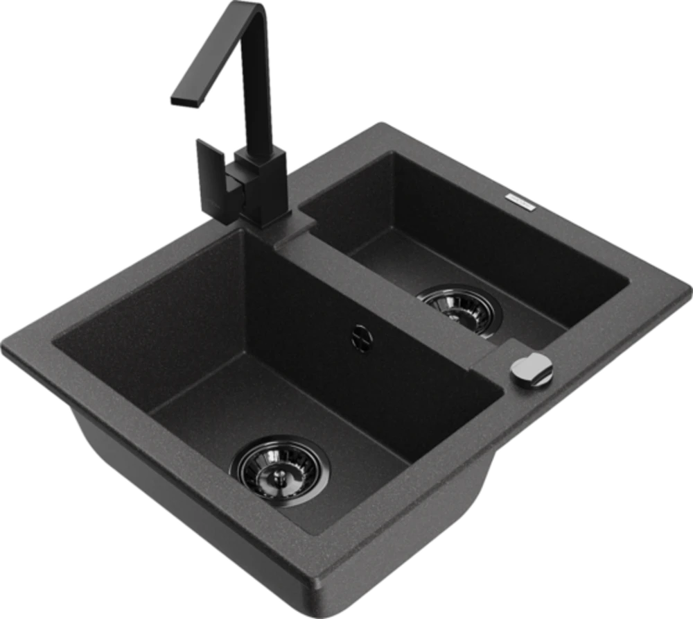 Granitinė virtuvinė plautuvė Mexen Carlos su maišytuvu ir sifonu, Juodas granite+Juodas(B)