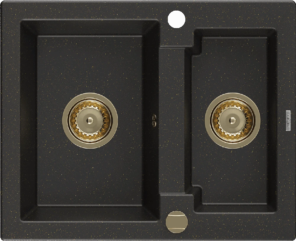 Granitinė virtuvinė plautuvė Mexen Carlos su sifonu, Metallic juodas/auksinis+Gold, 582 x 475 mm