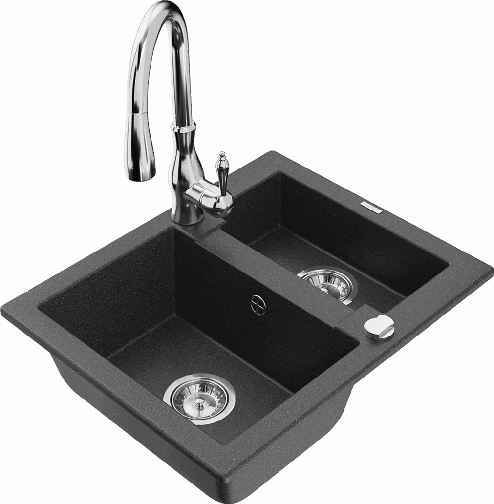 Granitinė virtuvinė plautuvė Mexen Carlos su maišytuvu ir sifonu, Juodas granite+Chrome