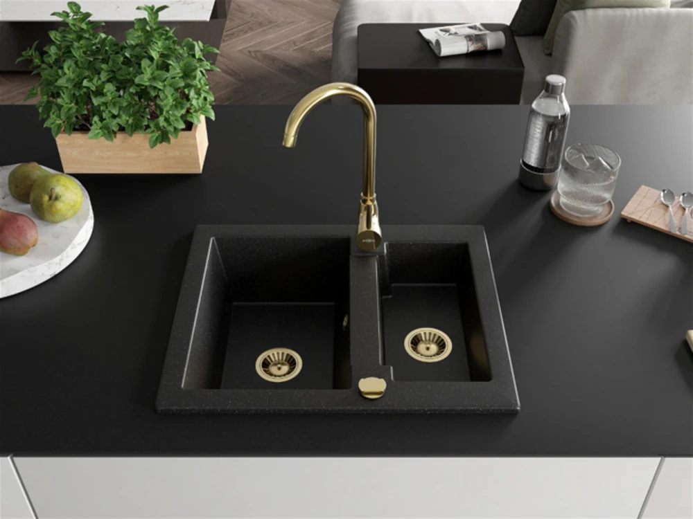 Granitinė virtuvinė plautuvė Mexen Carlos su maišytuvu ir sifonu, Metallic juodas/sidabrinis+Gold