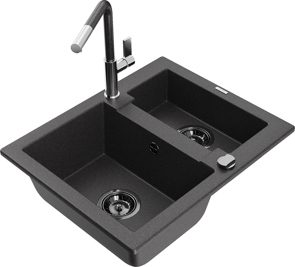 Granitinė virtuvinė plautuvė Mexen Carlos su maišytuvu ir sifonu, Juodas granite+Juodas/Chrome