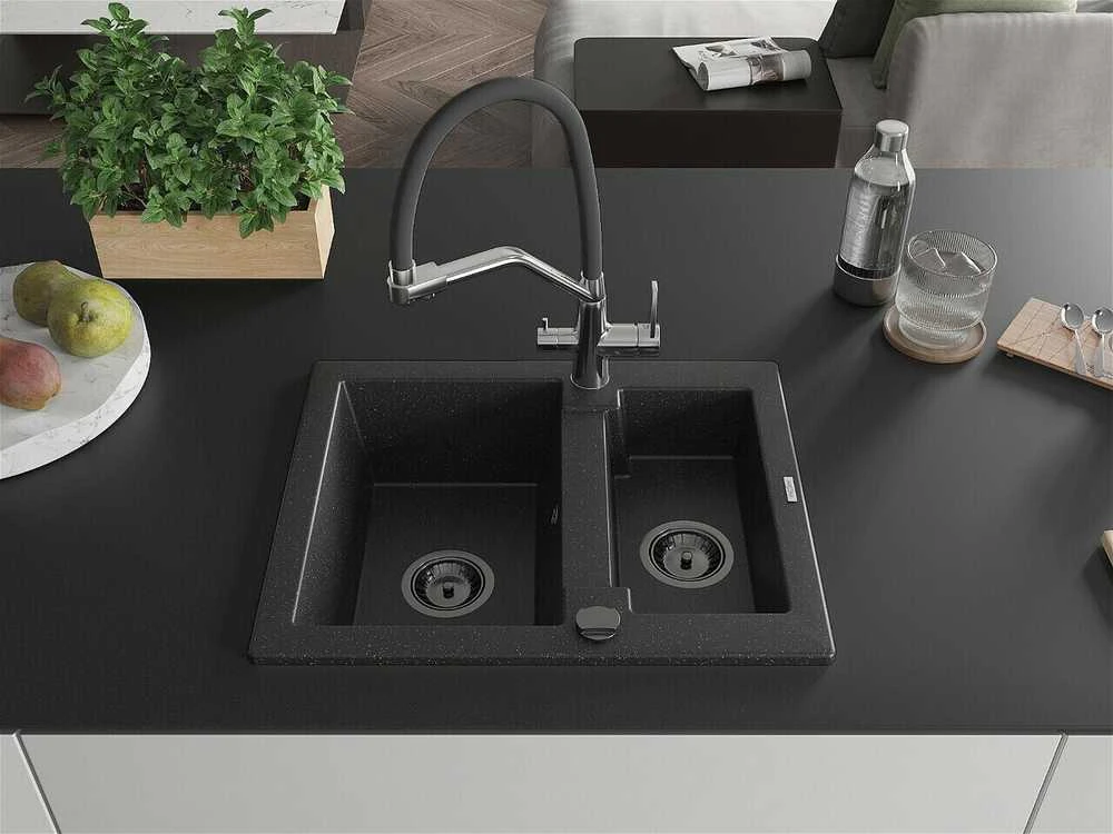 Granitinė virtuvinė plautuvė Mexen Carlos su maišytuvu ir sifonu, Metallic juodas/sidabrinis+Juodas/Chrome