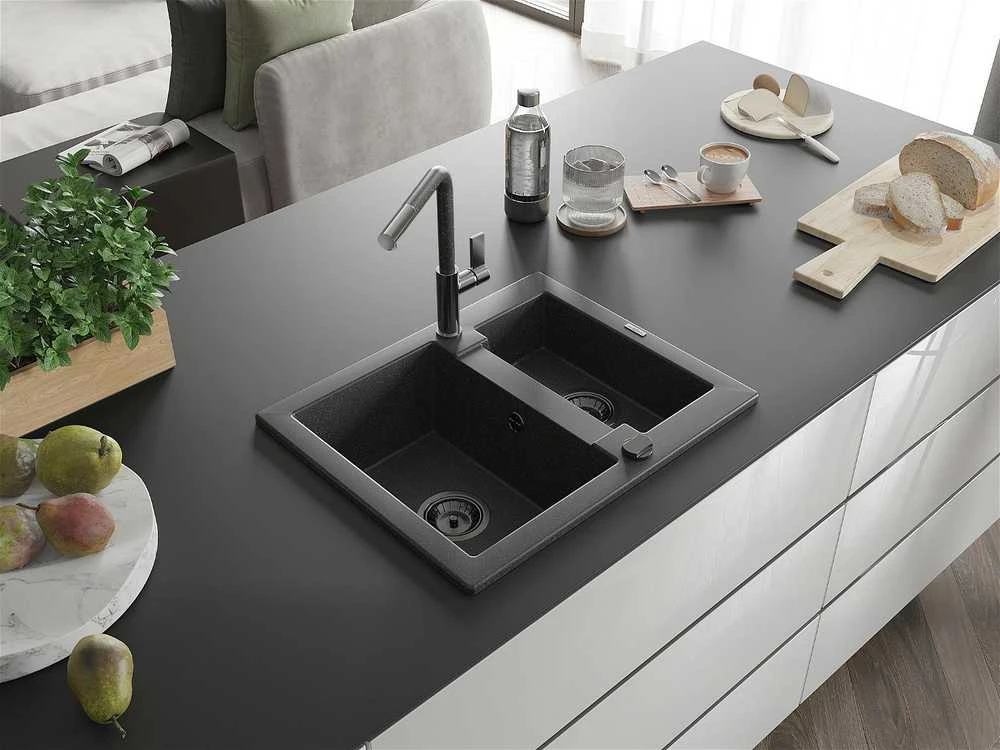 Granitinė virtuvinė plautuvė Mexen Carlos su maišytuvu ir sifonu, Juodas granite+Juodas/Chrome