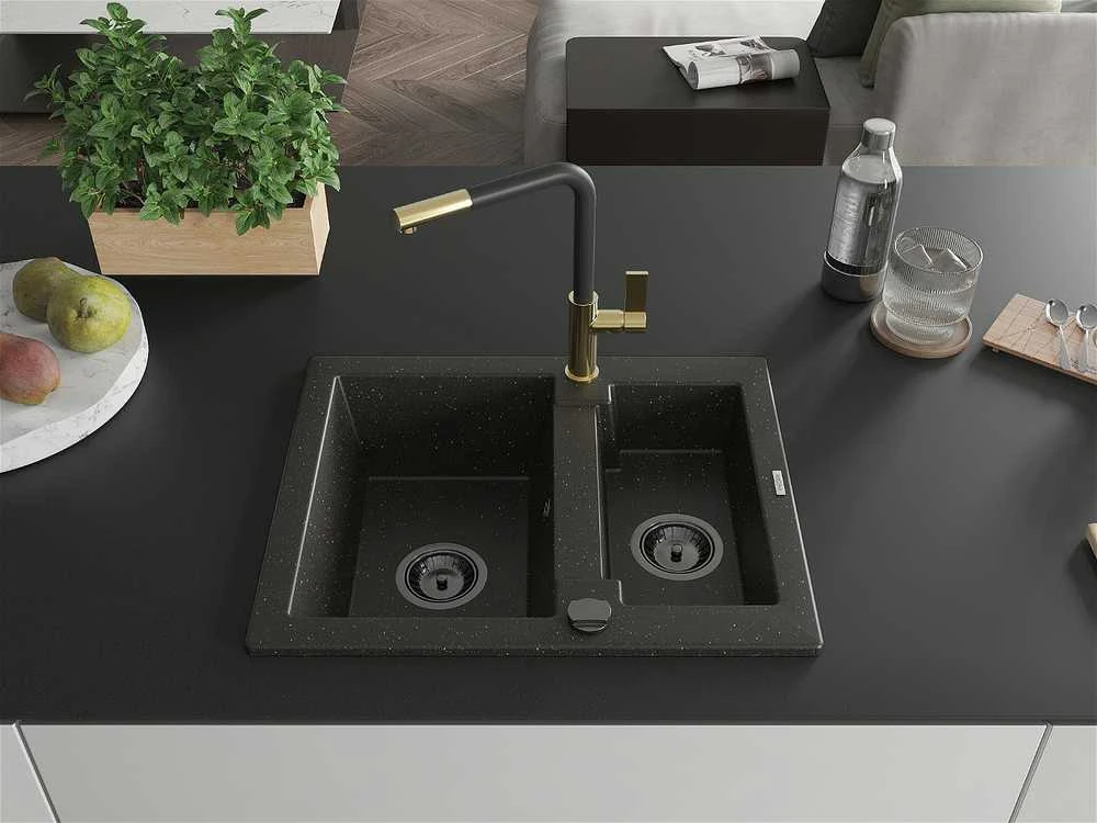 Granitinė virtuvinė plautuvė Mexen Carlos su maišytuvu ir sifonu, Metallic juodas/auksinis+Juodas/Gold