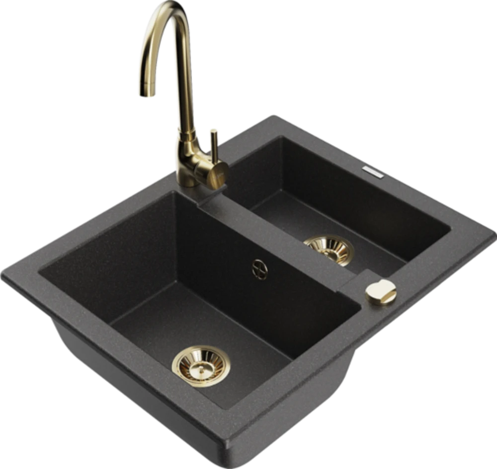 Granitinė virtuvinė plautuvė Mexen Carlos su maišytuvu ir sifonu, Juodas granite+Gold