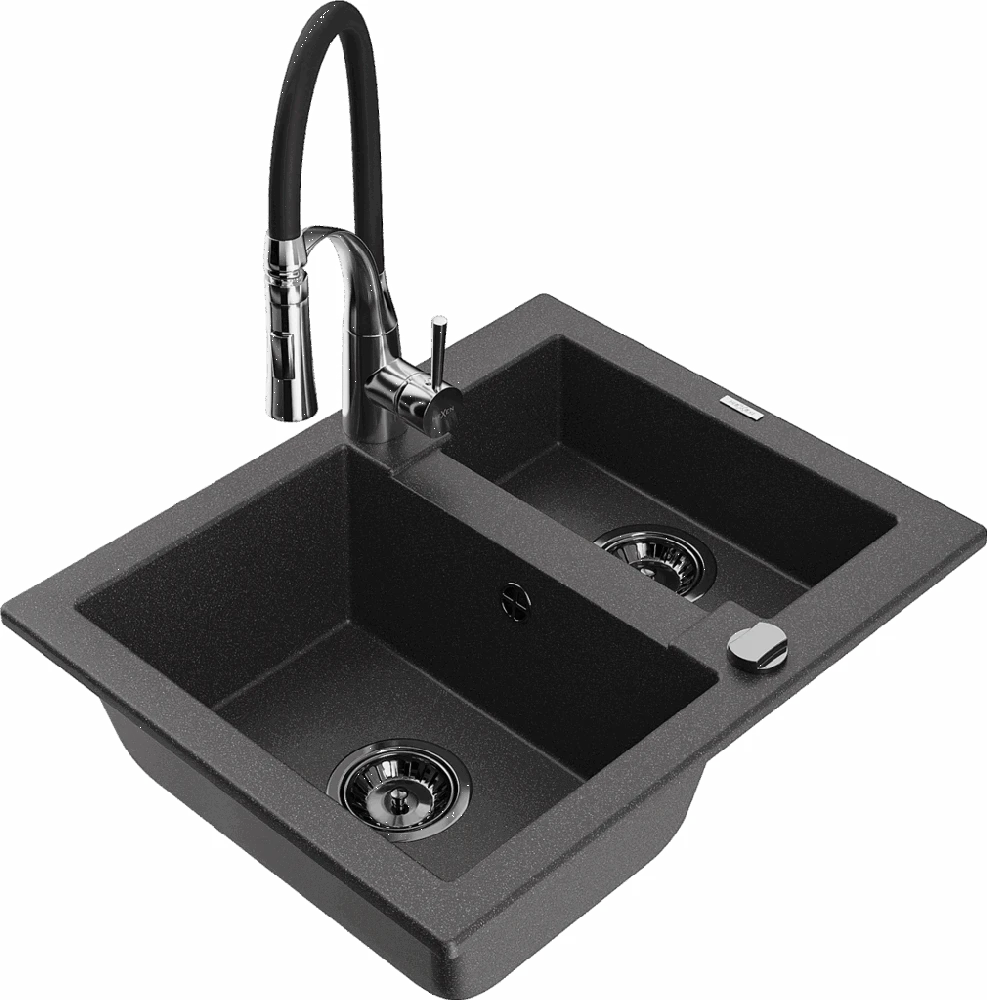 Granitinė virtuvinė plautuvė Mexen Carlos su maišytuvu ir sifonu, Juodas granite+Juodas/Chrome
