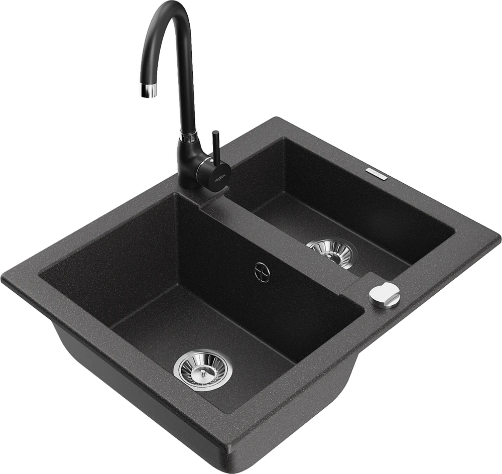 Granitinė virtuvinė plautuvė Mexen Carlos su maišytuvu ir sifonu, Juodas granite+Juodas