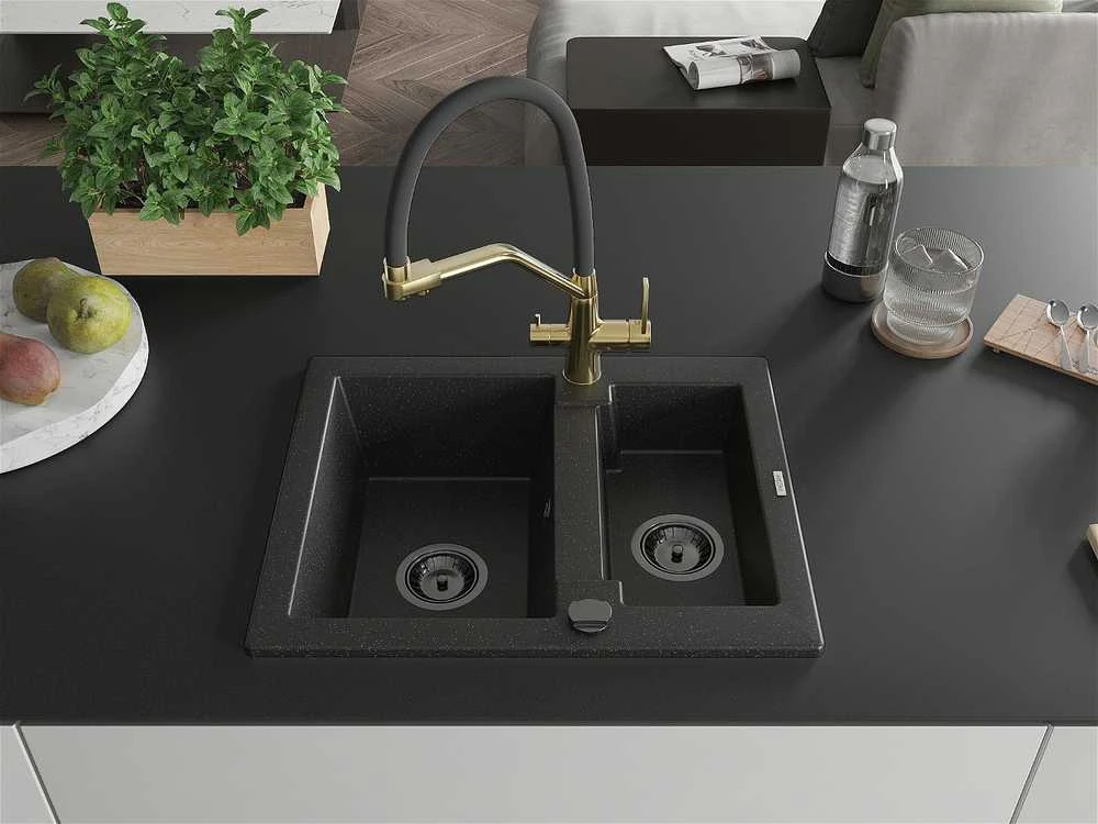 Granitinė virtuvinė plautuvė Mexen Carlos su maišytuvu ir sifonu, Metallic juodas/sidabrinis+Juodas/Gold