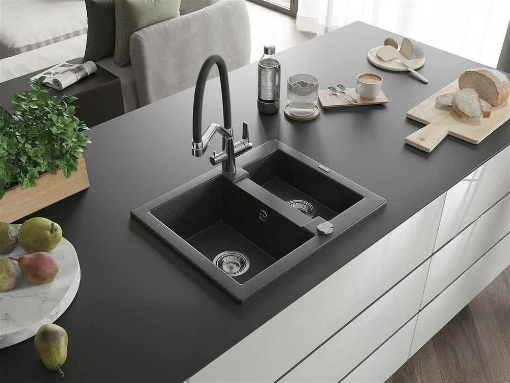 Granitinė virtuvinė plautuvė Mexen Carlos su maišytuvu ir sifonu, Juodas granite+Juodas/Chrome