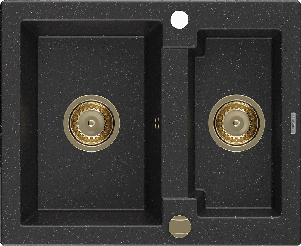 Granitinė virtuvinė plautuvė Mexen Carlos su sifonu, Metallic juodas/sidabrinis+Gold, 582 x 475 mm