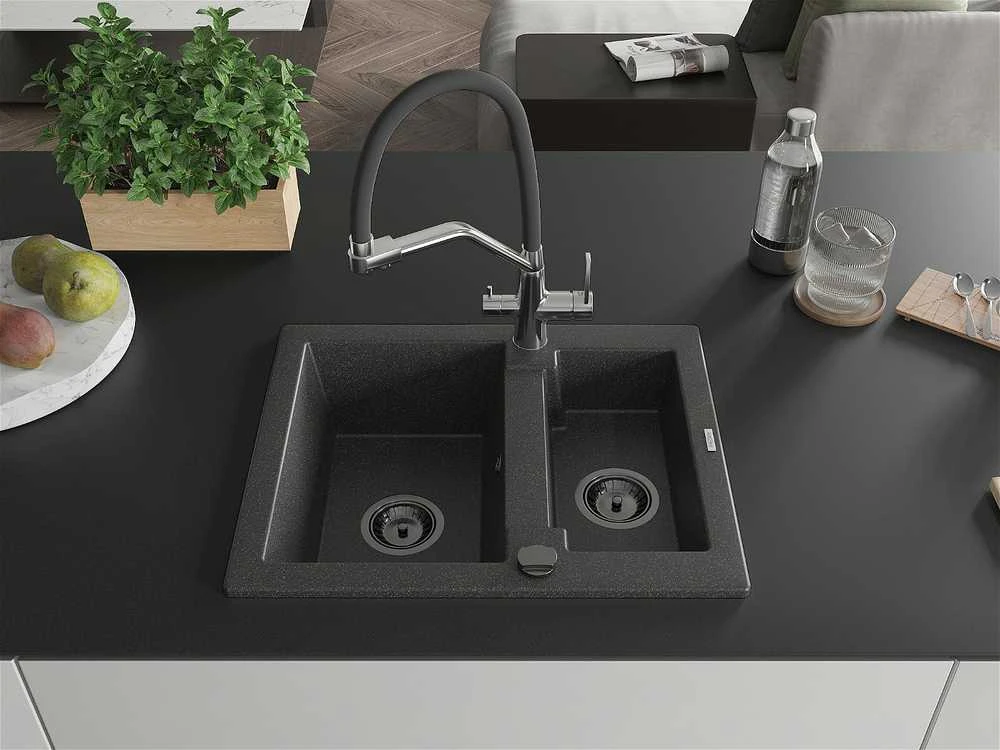 Granitinė virtuvinė plautuvė Mexen Carlos su maišytuvu ir sifonu, Juodas granite+Juodas/Chrome