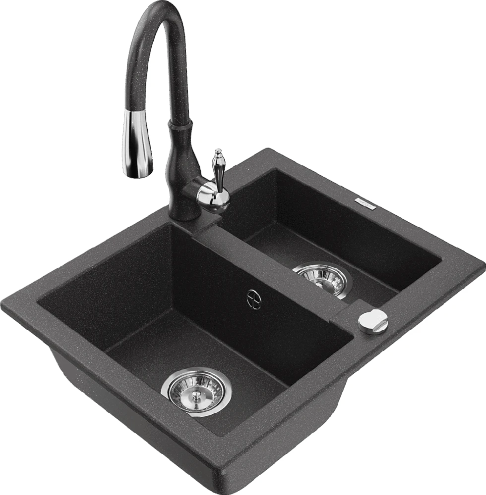 Granitinė virtuvinė plautuvė Mexen Carlos su maišytuvu ir sifonu, Juodas granite