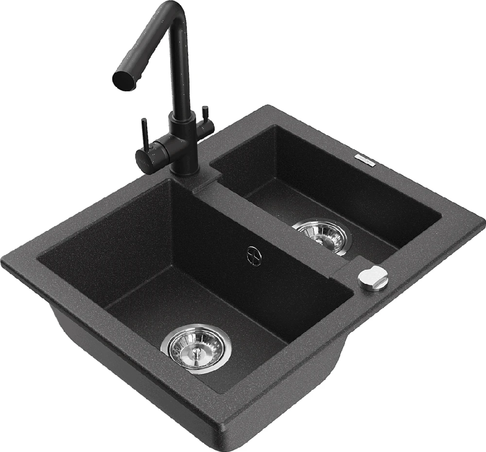 Granitinė virtuvinė plautuvė Mexen Carlos su maišytuvu ir sifonu, Juodas granite+Juodas