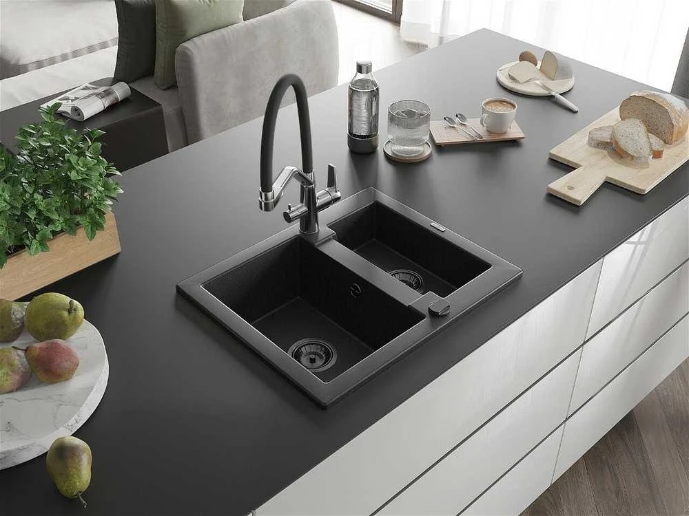 Granitinė virtuvinė plautuvė Mexen Carlos su maišytuvu ir sifonu, Metallic juodas/sidabrinis+Juodas/Chrome