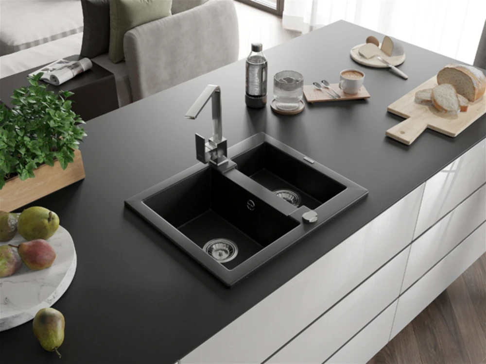 Granitinė virtuvinė plautuvė Mexen Carlos su maišytuvu ir sifonu, Metallic juodas/sidabrinis+Chrome