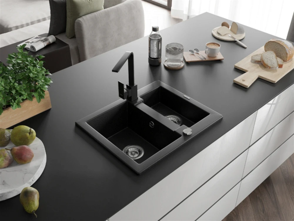 Granitinė virtuvinė plautuvė Mexen Carlos su maišytuvu ir sifonu, Metallic juodas/sidabrinis+Juodas