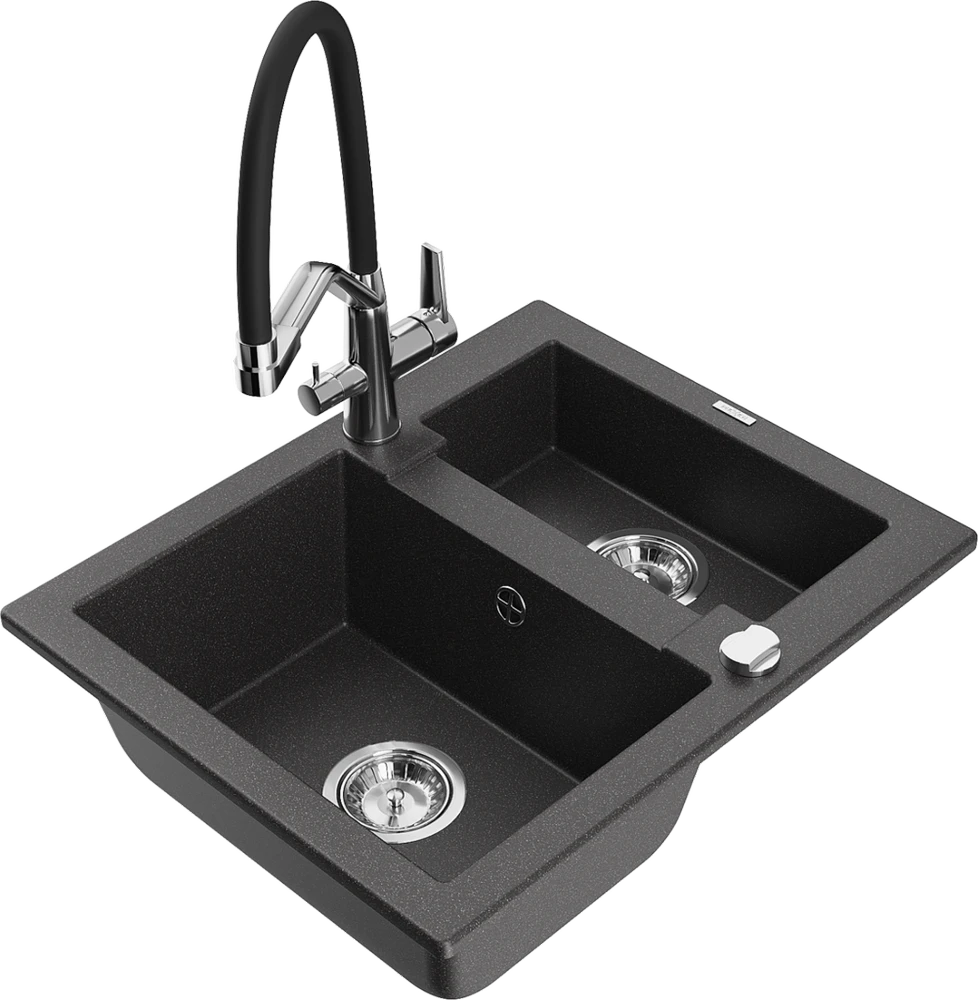 Granitinė virtuvinė plautuvė Mexen Carlos su maišytuvu ir sifonu, Juodas granite+Juodas/Chrome