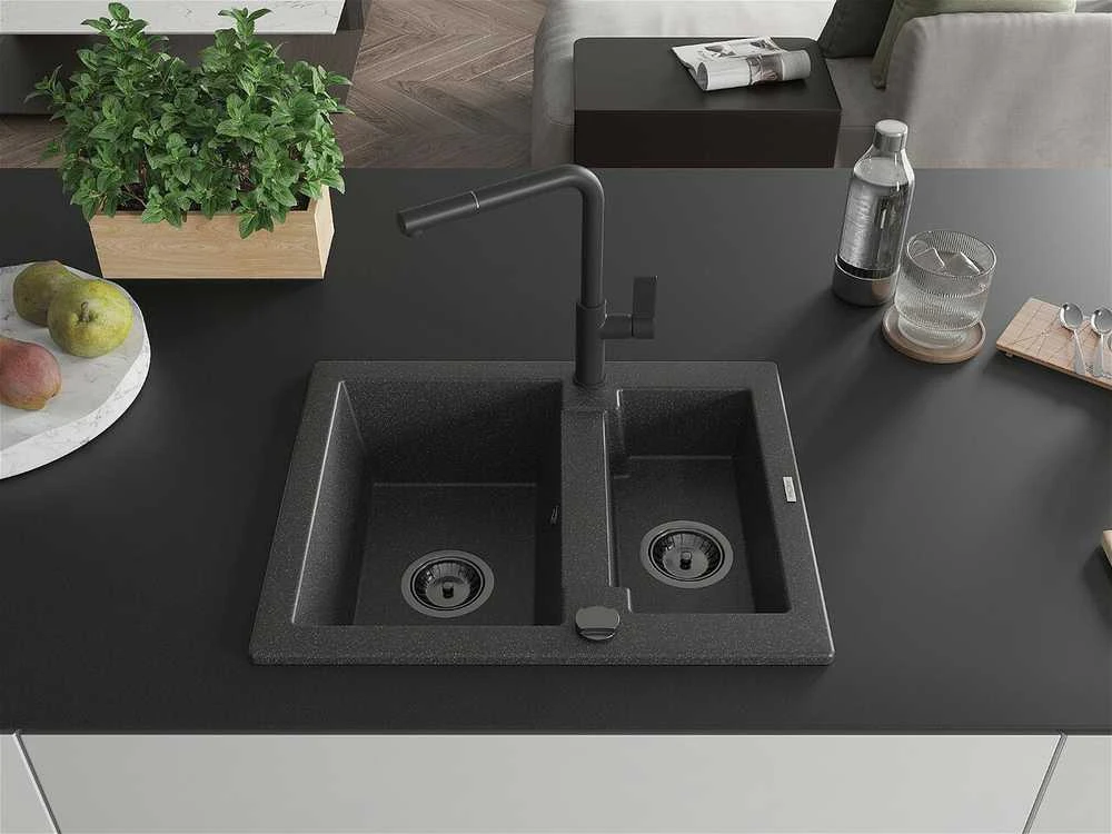 Granitinė virtuvinė plautuvė Mexen Carlos su maišytuvu ir sifonu, Juodas granite+Juodas