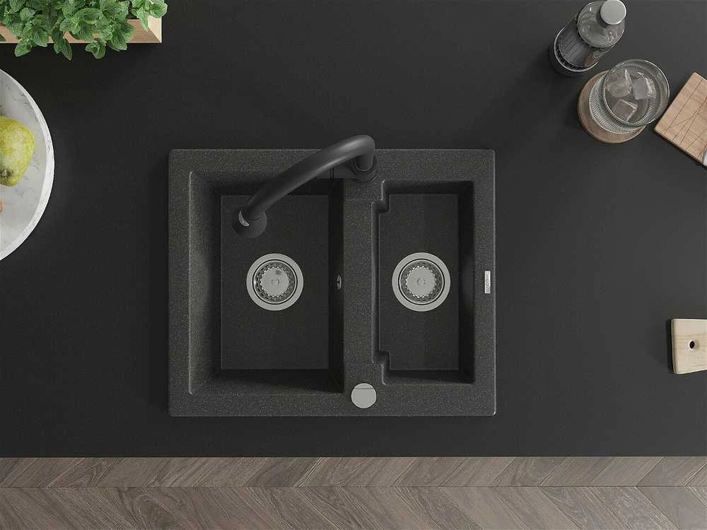 Granitinė virtuvinė plautuvė Mexen Carlos su maišytuvu ir sifonu, Juodas granite+Juodas