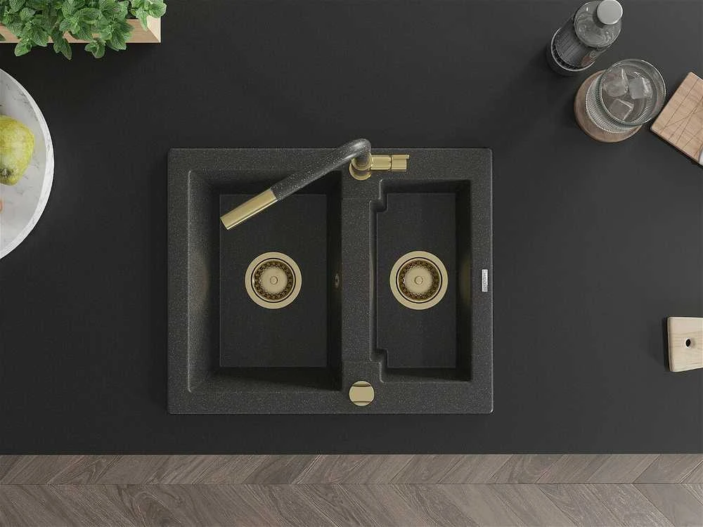 Granitinė virtuvinė plautuvė Mexen Carlos su maišytuvu ir sifonu, Juodas granite+Juodas/Gold