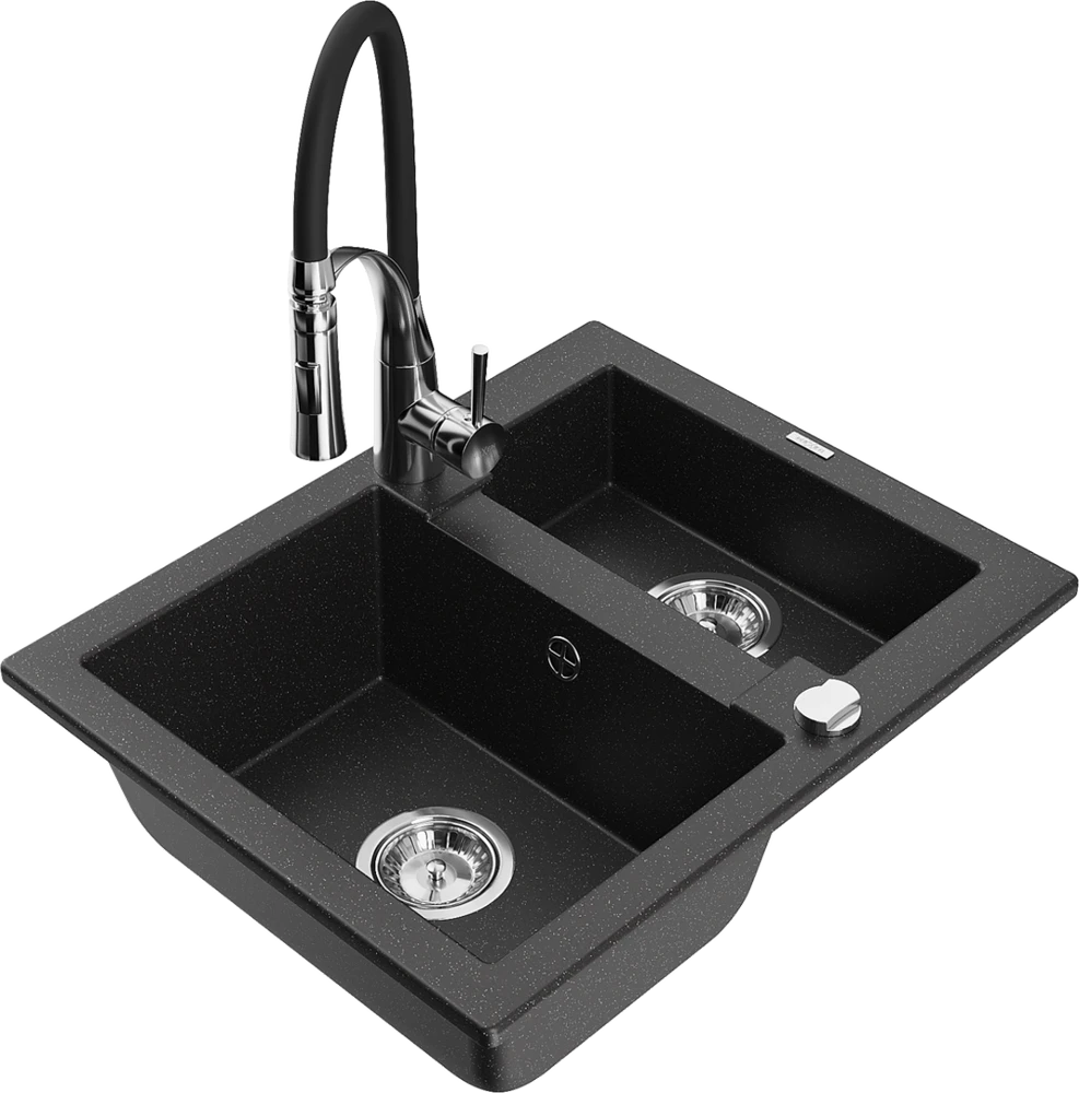 Granitinė virtuvinė plautuvė Mexen Carlos su maišytuvu ir sifonu, Metallic juodas/sidabrinis+Juodas/Chrome