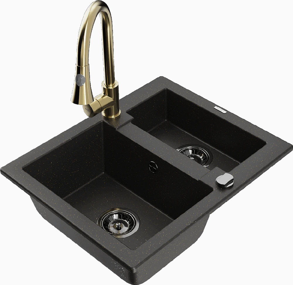 Granitinė virtuvinė plautuvė Mexen Carlos su maišytuvu ir sifonu, Metallic juodas/auksinis+Gold