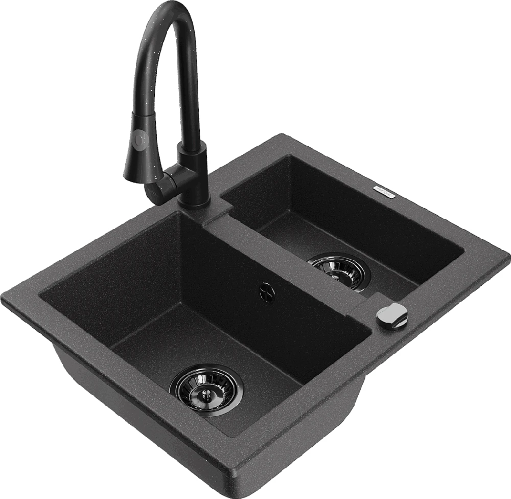 Granitinė virtuvinė plautuvė Mexen Carlos su maišytuvu ir sifonu, Juodas granite+Juodas