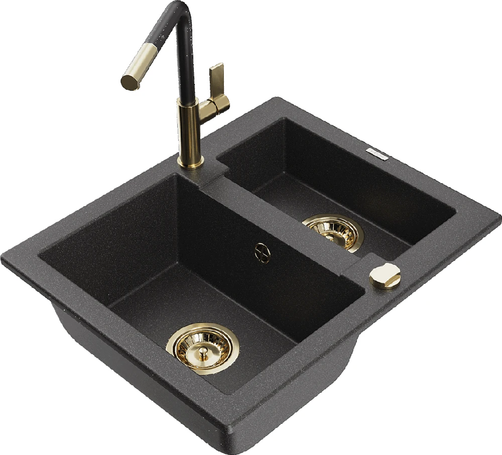 Granitinė virtuvinė plautuvė Mexen Carlos su maišytuvu ir sifonu, Juodas granite+Juodas/Gold