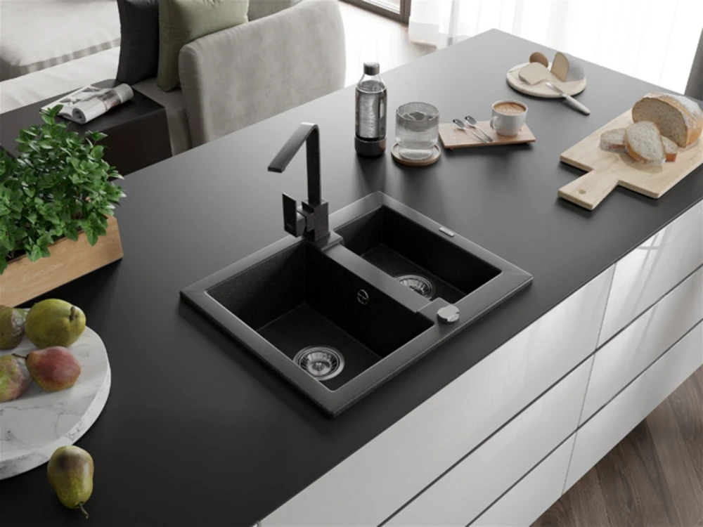 Granitinė virtuvinė plautuvė Mexen Carlos su maišytuvu ir sifonu, Juodas granite