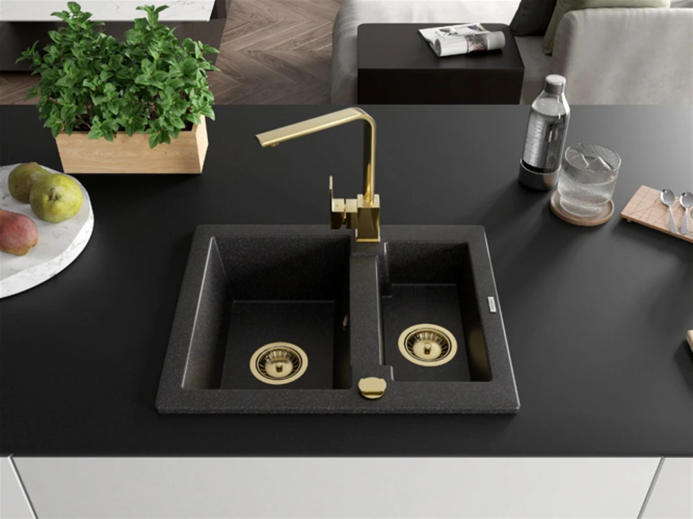 Granitinė virtuvinė plautuvė Mexen Carlos su maišytuvu ir sifonu, Juodas granite+Gold