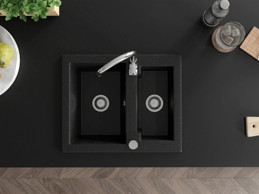 Granitinė virtuvinė plautuvė Mexen Carlos su maišytuvu ir sifonu, Metallic juodas/sidabrinis+Chrome