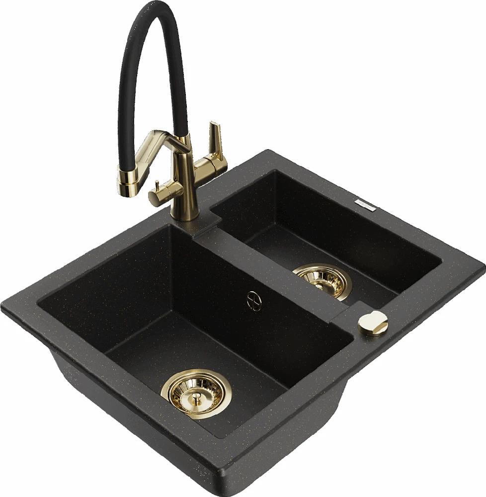 Granitinė virtuvinė plautuvė Mexen Carlos su maišytuvu ir sifonu, Metallic juodas/auksinis+Juodas/Gold