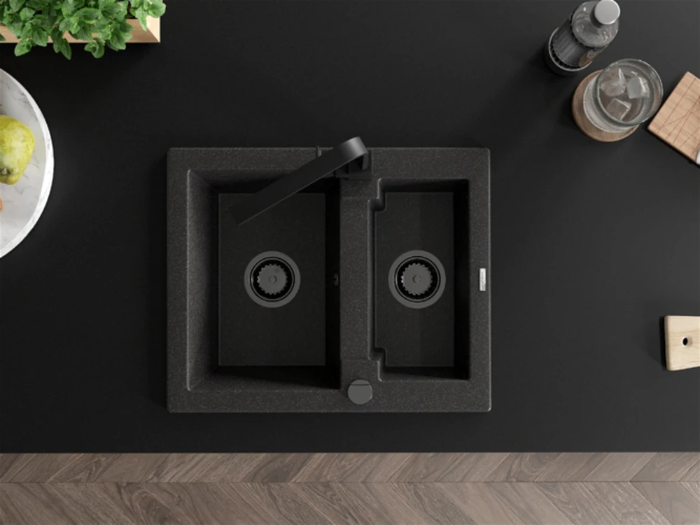 Granitinė virtuvinė plautuvė Mexen Carlos su maišytuvu ir sifonu, Juodas granite+Juodas(B)