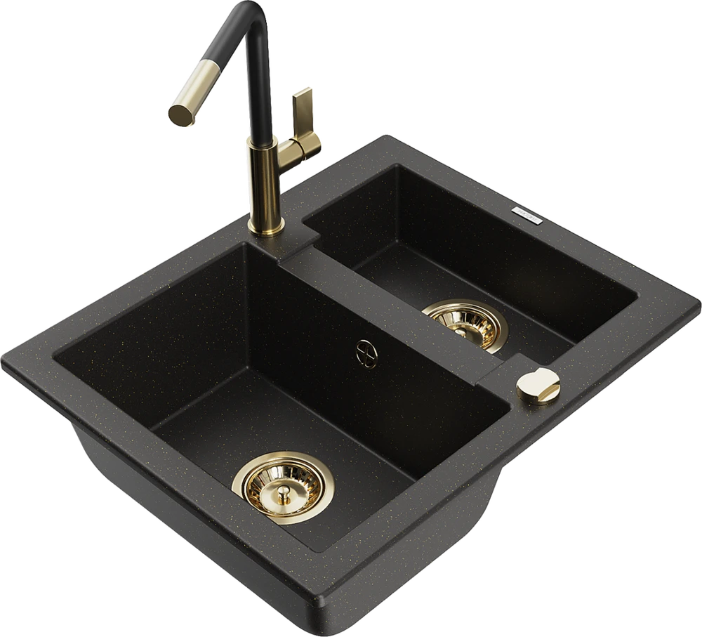Granitinė virtuvinė plautuvė Mexen Carlos su maišytuvu ir sifonu, Metallic juodas/auksinis+Juodas/Gold