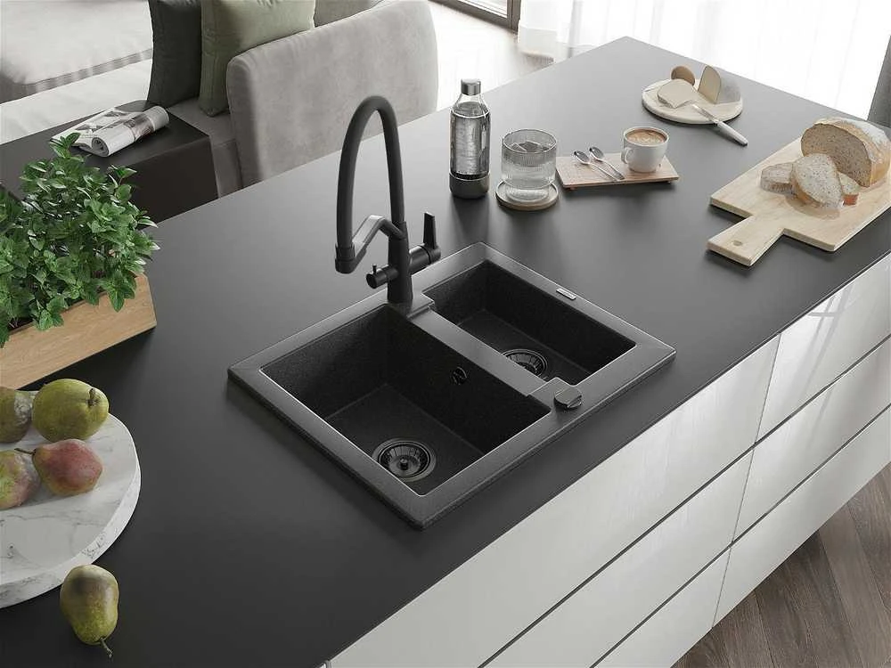 Granitinė virtuvinė plautuvė Mexen Carlos su maišytuvu ir sifonu, Juodas granite+Juodas
