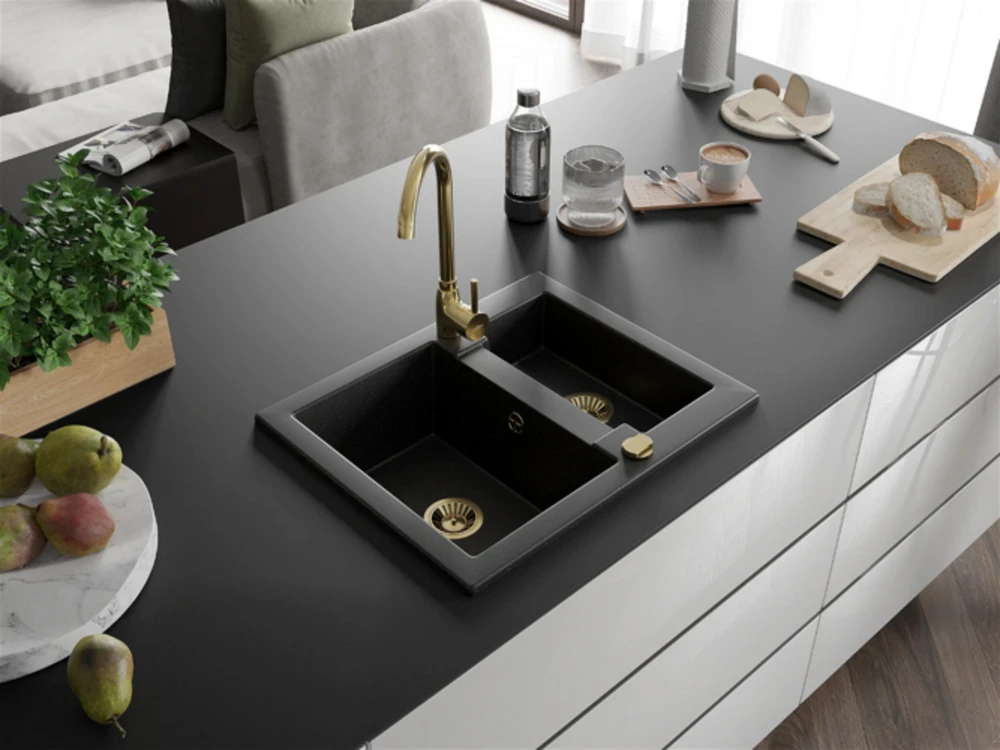 Granitinė virtuvinė plautuvė Mexen Carlos su maišytuvu ir sifonu, Metallic juodas/sidabrinis+Gold