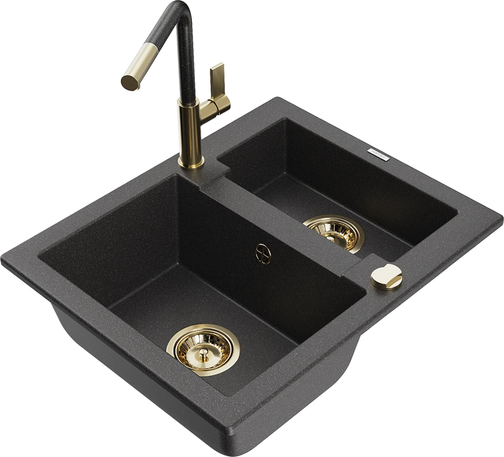 Granitinė virtuvinė plautuvė Mexen Carlos su maišytuvu ir sifonu, Juodas granite+Juodas/Gold